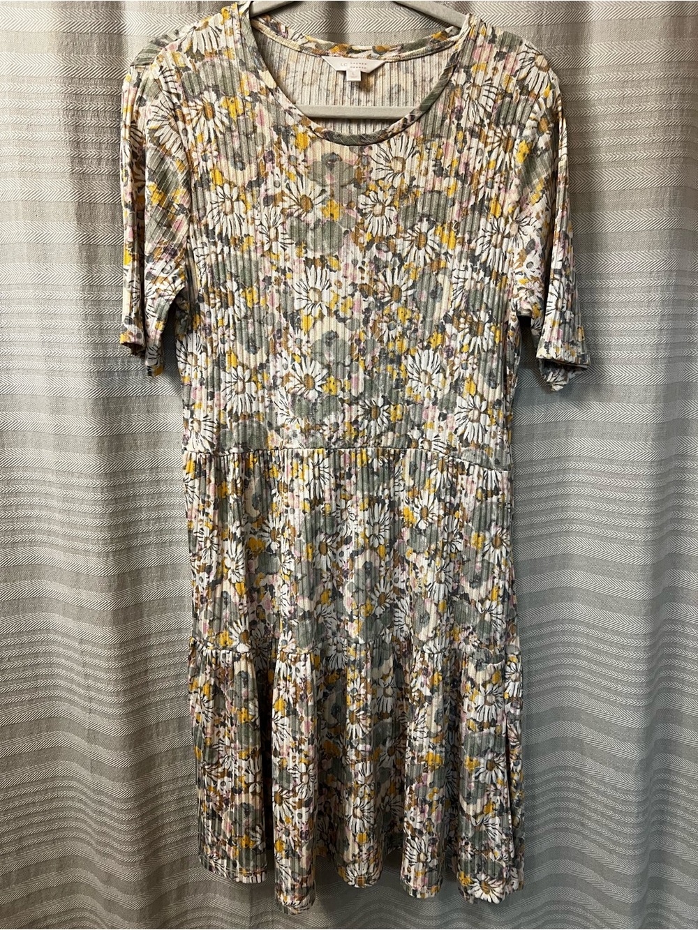Floral Pleated Short Sleeve Womens Dress in Yellow and Green